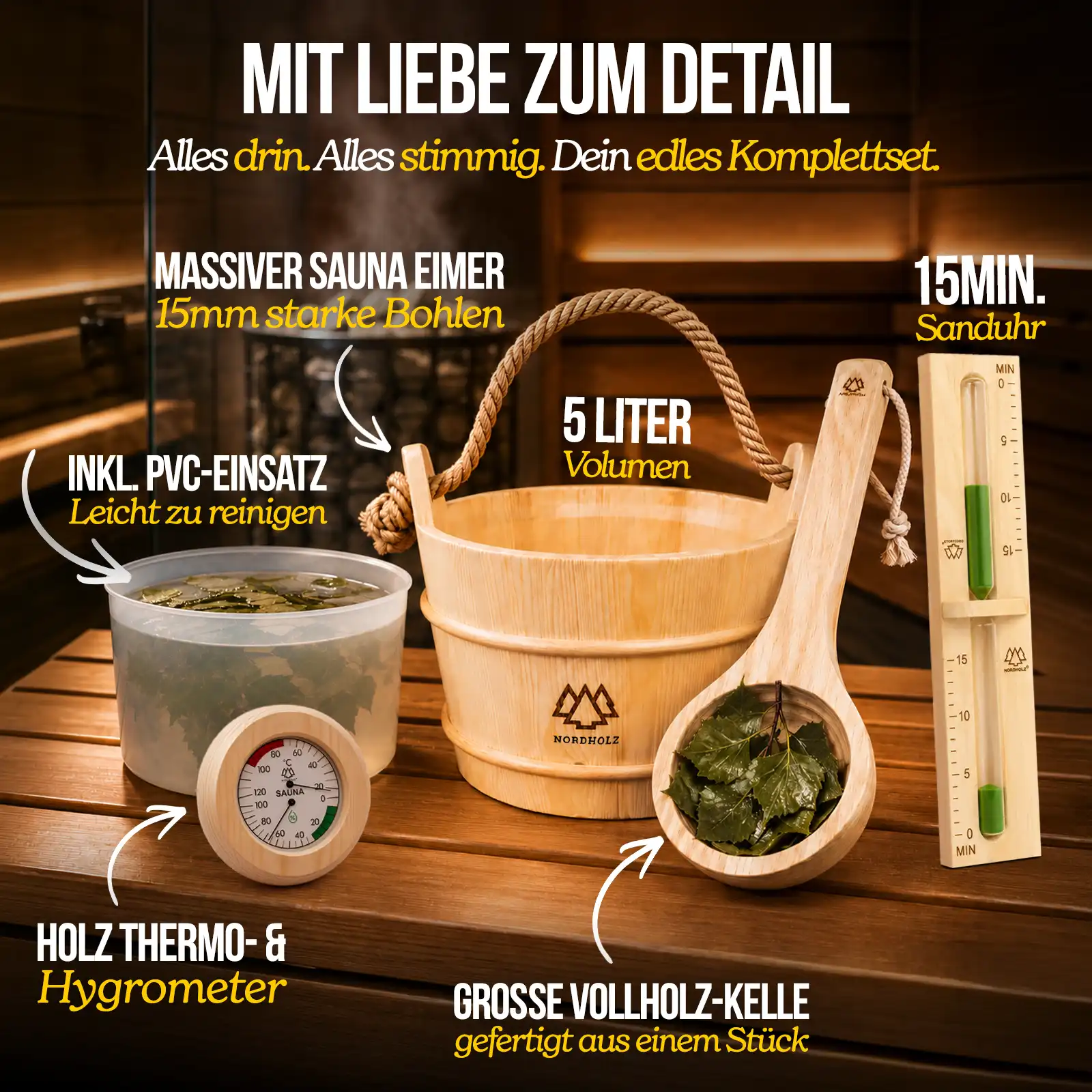 Sauna Eimer Set (Eimer, Kelle, Sanduhr, Hygrometer Holz) - Image 3